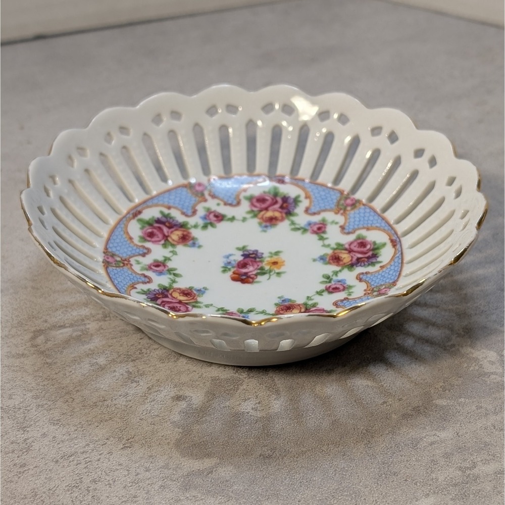 Vintage Schumann 5" Reticulated Dish Bavaria Flowers Roses Gold Trim Victorian